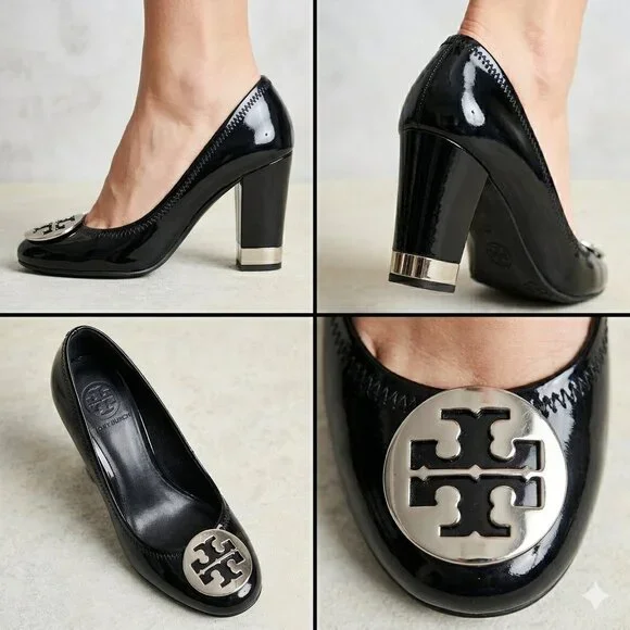 Tory Burch Black Patent Leather Block Heel Pumps with Silver Hardware - Size 6 - Picture 2 of 8
